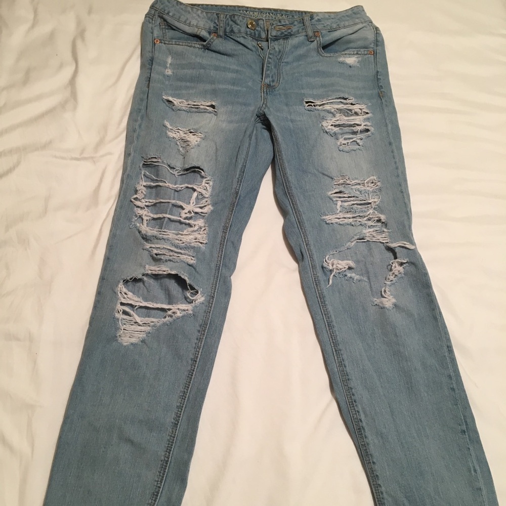 AEO light denim destroyed boyfriend jeans